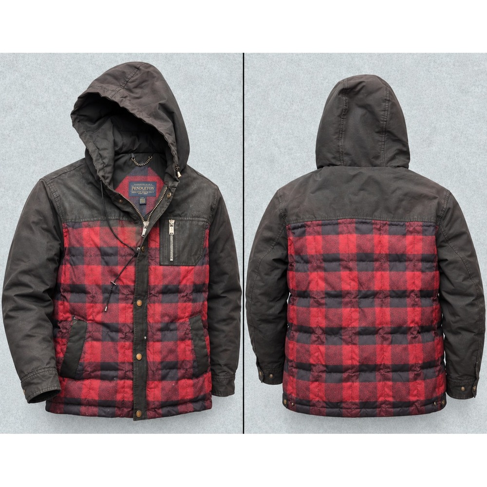 Pendleton Down Puffer Jacket Men L Red Buffalo Plaid Hooded Barn Coat Cabin Warm